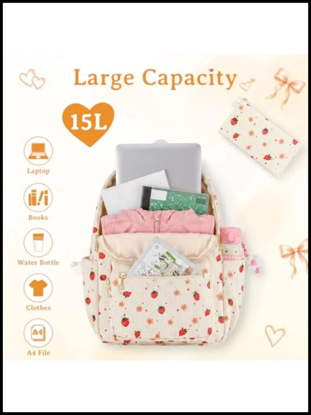Corduroy Backpack Set with Lunch Bag & Pencil Case - 3 Piece, Water Resistant,